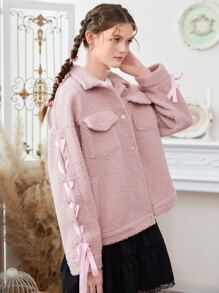 ROMWE Kawaii Cazadora teddy de puño con nudo con botón - Rosa vieja - Ver 5
