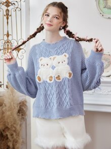 ROMWE Kawaii Jersey con bordado de oso tejido de cable - Azul - Ver 5