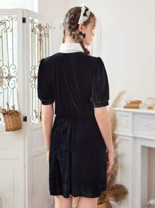 ROMWE Kawaii Contrast Lace Collar Velvet Dress - Black - View 6