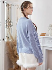 ROMWE Kawaii Jersey con bordado de oso tejido de cable - Azul - Ver 7