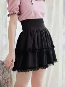 ROMWE Kawaii Solid Frill Himekaji Contrast Lace Skirt, School - Black - View 1