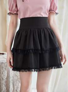 ROMWE Kawaii Solid Frill Himekaji Contrast Lace Skirt, School - Black - View 2