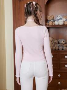 ROMWE Kawaii Contrast Lace Button Front Tee - Baby Pink - View 6