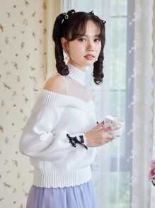 ROMWE Kawaii Contrast Mesh Lace Up Sleeve Sweater - White - View 4