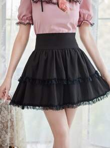 ROMWE Kawaii Solid Frill Himekaji Contrast Lace Skirt, School - Black - View 3