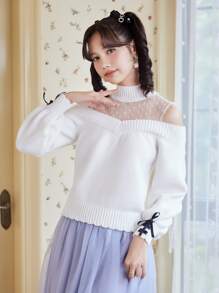 ROMWE Kawaii Contrast Mesh Lace Up Sleeve Sweater - White - View 3