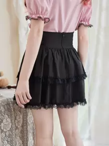 ROMWE Kawaii Solid Frill Himekaji Contrast Lace Skirt, School - Black - View 5