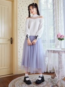 ROMWE Kawaii Contrast Mesh Lace Up Sleeve Sweater - White - View 5