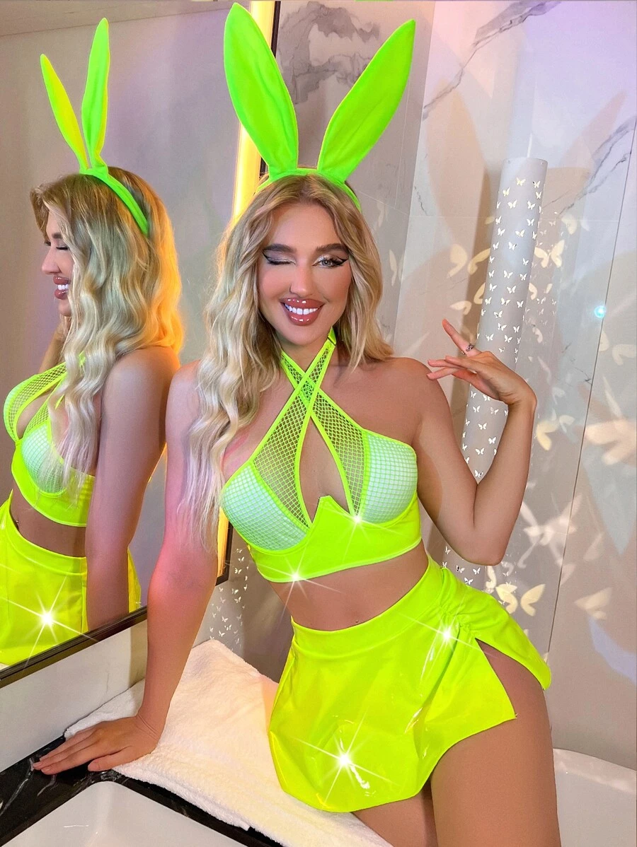 3pack Neon Lime Fishnet Insert Wrap Cross Split Hem Halter Bunny Costume Set - Lime Green - View 1