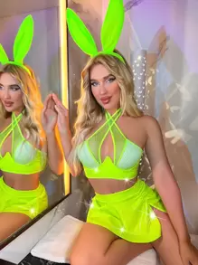 3pack Neon Lime Fishnet Insert Wrap Cross Split Hem Halter Bunny Costume Set - Lime Green - View 3