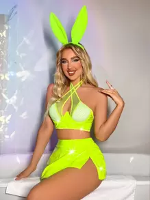 3pack Neon Lime Fishnet Insert Wrap Cross Split Hem Halter Bunny Costume Set - Lime Green - View 5