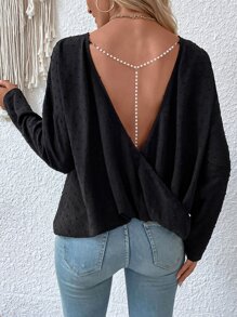 SHEIN Privé Swiss Dot Wrap Back Pearls Blouse - Black - View 1