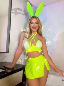 3pack Neon Lime Fishnet Insert Wrap Cross Split Hem Halter Bunny Costume Set - Lime Green - View 6