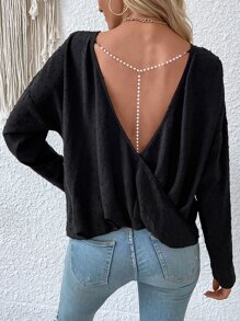 SHEIN Privé Swiss Dot Wrap Back Pearls Blouse - Black - View 3