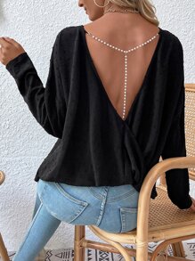 SHEIN Privé Swiss Dot Wrap Back Pearls Blouse - Black - View 4