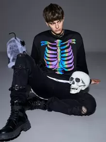 Manfinity Hombres Sudadera reflectante estampado de esqueleto de hombros caídos - Negro - Ver 1