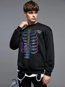 Manfinity Hombres Sudadera reflectante estampado de esqueleto de hombros caídos - Negro - Ver 2