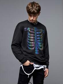 Manfinity Hombres Sudadera reflectante estampado de esqueleto de hombros caídos - Negro - Ver 3