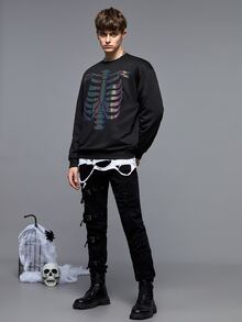 Manfinity Hombres Sudadera reflectante estampado de esqueleto de hombros caídos - Negro - Ver 4