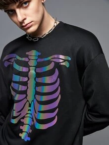Manfinity Hombres Sudadera reflectante estampado de esqueleto de hombros caídos - Negro - Ver 5