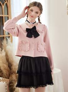 ROMWE Kawaii Bow Front Statement Collar Frill Trim Jacket - Pink - View 1