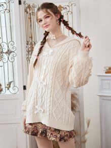 ROMWE Kawaii Cable Knit Bow Sweater - Apricot - View 1