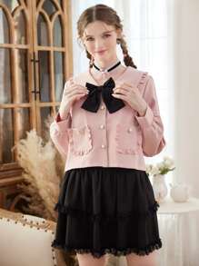 ROMWE Kawaii Bow Front Statement Collar Frill Trim Jacket - Pink - View 2