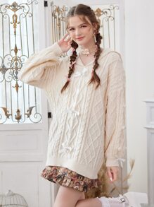 ROMWE Kawaii Cable Knit Bow Sweater - Apricot - View 2