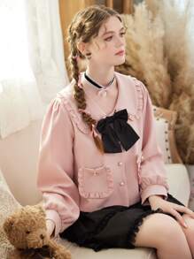 ROMWE Kawaii Bow Front Statement Collar Frill Trim Jacket - Pink - View 3