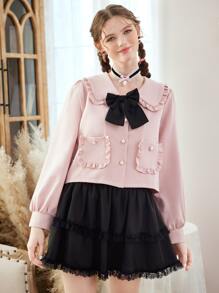 ROMWE Kawaii Bow Front Statement Collar Frill Trim Jacket - Pink - View 4