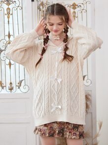 ROMWE Kawaii Cable Knit Bow Sweater - Apricot - View 4