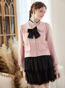 ROMWE Kawaii Bow Front Statement Collar Frill Trim Jacket - Pink - View 5