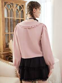 ROMWE Kawaii Bow Front Statement Collar Frill Trim Jacket - Pink - View 6