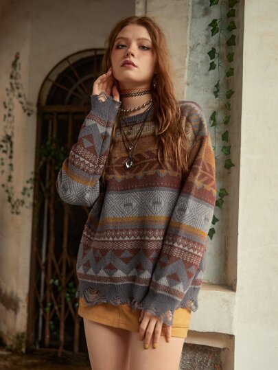 Hippie Geo Pattern Drop Shoulder Sweater