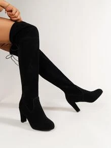 Phụ nữ trên đầu gối Tie Back Boots Chunky Faux Suede Sock - màu đen - Xem 3