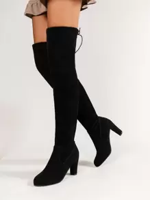 Phụ nữ trên đầu gối Tie Back Boots Chunky Faux Suede Sock - màu đen - Xem 2