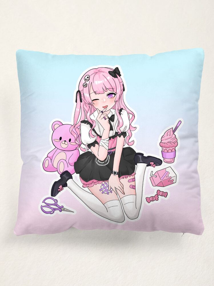 ROMWE Anime 1 pieza Funda de cojín sin relleno con estampado de oso & figura de dibujos animados - Multicolor - Añade 1