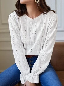 SHEIN Frenchy Solid Eyelet Embroidery Bell Cuff Blouse - White - View 1