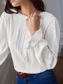 SHEIN Frenchy Solid Eyelet Embroidery Bell Cuff Blouse - White - View 2