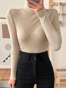 DAZY Ribbed Knit Turtleneck Jumper - Apricot - View 1