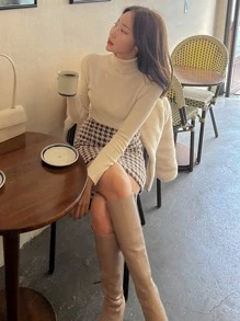 DAZY Ribbed Knit Turtleneck Jumper - Apricot - View 6
