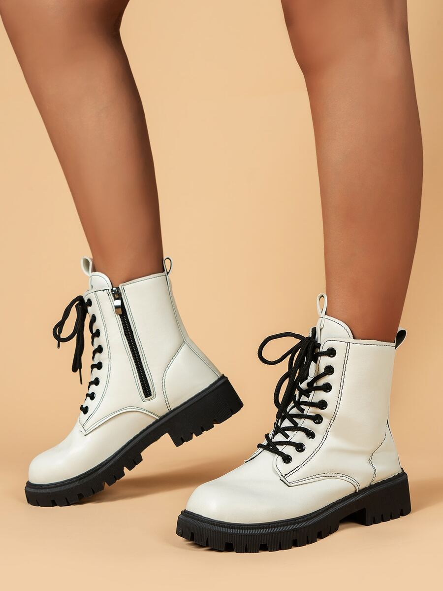 Zipper Side Lace-up Front Combat Boots - Beige - View 1