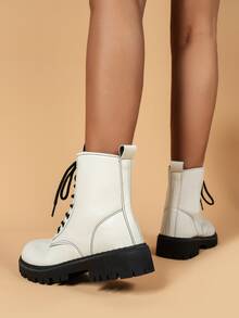 Zipper Side Lace-up Front Combat Boots - Beige - View 2