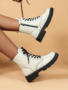 Zipper Side Lace-up Front Combat Boots - Beige - View 3