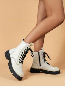 Zipper Side Lace-up Front Combat Boots - Beige - View 4