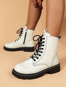 Zipper Side Lace-up Front Combat Boots - Beige - View 6