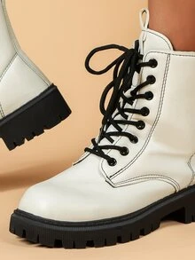 Zipper Side Lace-up Front Combat Boots - Beige - View 7