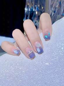 Upgrade Your Look with, 24pcs long square, 3D Chain Rhinestone & Camellia Design Fake Nail Kit, for women & girls