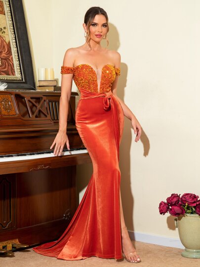 LOVE&LEMONADE Off Shoulder Contrast Mesh Split Thigh Tie Front Formal Dress