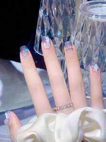 Upgrade Your Look with, 24pcs long square, 3D Chain Rhinestone & Camellia Design Fake Nail Kit, for women & girls